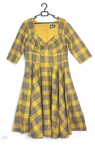 Hell Bunny XL UK 16 Yellow Checked Pin Up Skater Dress Pockets RARE Rockabilly - Picture 1 of 5