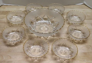 Vintage Hazel Atlas Glass Fancy Pattern 7pc Dessert Set Gold Trim - Picture 1 of 3