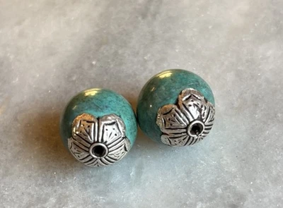 Two Tibetan Silver Handmade Turquoise Beads 18x15mm CC246 - Image 1 of 3