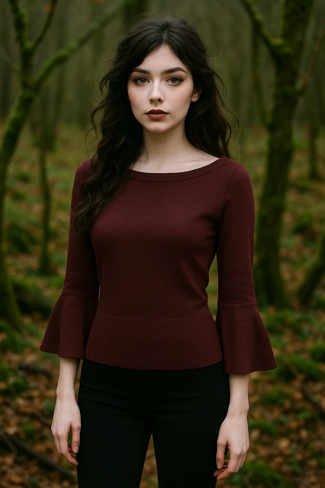 Top Ann Taylor Borgoña Manga Campana Cuello Barco Pequeño Mezcla Seda Capricho Boho Foto 1 de 4