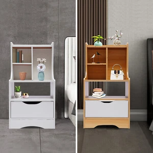 Modern End Side Table Bedroom Bedside Nightstand Cabinet White/Walnut Color - Picture 1 of 25