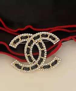 Chanel Black Leather Brooch Gold Crystals Double C - Picture 1 of 7