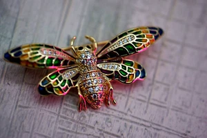 Vintage Gold Metal Enamel Crystal Butterfly Brooch - Picture 1 of 10