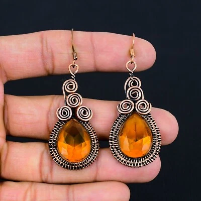 Maravillosos pendientes de joyería para mujer con envoltura de alambre de cobre hechos a mano de piedras preciosas de citrino Foto 1 de 4