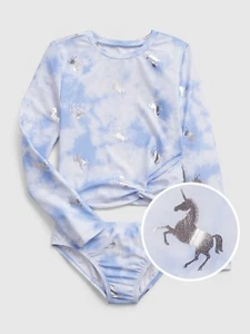 GAP Kids Girls XS Blue Tie Dye Unicorn Twist Long Sleeve Swimsuit Rashguard 2 pc - Picture 1 of 2