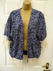 Ladies Size 12 14 Blue White Floral Leaf Boho Tassel Trim Open Kimono Jacket Top - Picture 1 of 10