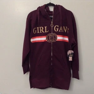 NWT GIRL GANG Women's Over Sized Double Zip Up Burgundy Hoodie Sz S* - Picture 1 of 8