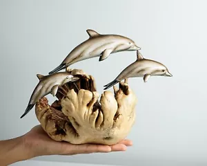 Jumping Dolphin Family, Swimming Dolphin, Wood Carving, Table Decor, Family Gift - Picture 1 of 10