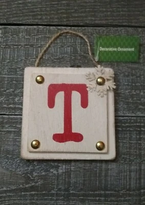 Wooden Monogram Letter T Wall Sign Hanging Twine Decor Ornament New - Image 1 of 4