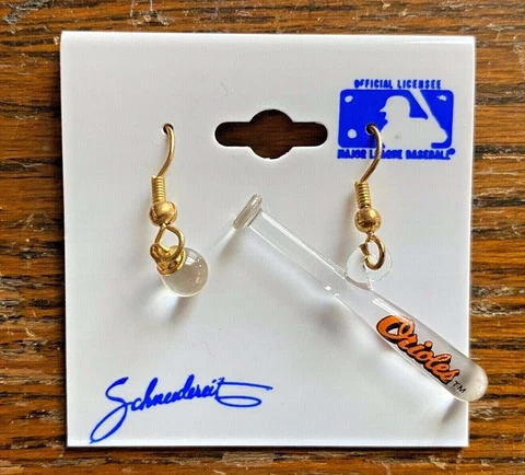 Baltimore Orioles Glass Earrings Vintage 1988 Baseball Bat & Ball MLB NOS NIP Cover