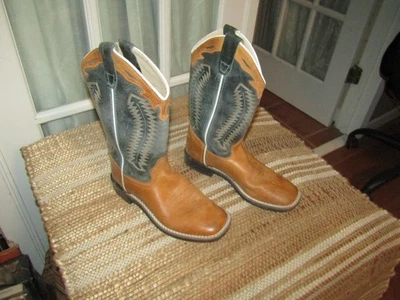 Old West Leather Cowboy Boots Brown & Green Square Toe  BBSC1872 Youth Size 5 D - Image 1 of 4