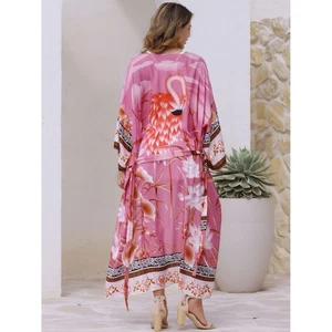 Retro Blumendruck Kimono Staubtuch Gypsy Cardigan kleine Blüten rosa schwarz OHNE GÜRTEL - Bild 1 von 12