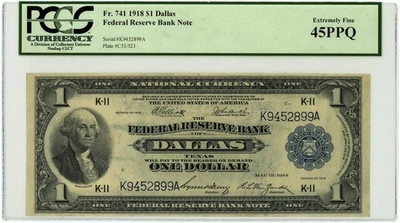 FR.741 $1 1918 Federal Reserve Bank Note Dallas XF45PPQ PCGS Currency 950750-59 - Image 1 of 3