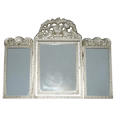 VINTAGE ITALIAN STYLE SILVER LEAF PAINTED TRI FOLDING DRESSING TABLE MIRROR - Image 1 of 4