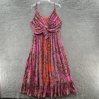 Anthropologie Maeve Dress 1X Pink Paisley Boho Tie Front Ruffle Hem Flowy Maxi - Image 1 of 4