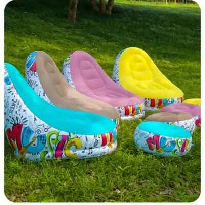1pc Graffiti Inflatable Recliner with Round Stool - Ergonomic Plastic Chair - Image 1 of 4