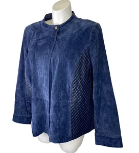 Isaac Mizrahi Suede Leather Motorcycle Jacket 26W Navy Blue Zip Up Quilted EUC - Picture 1 of 8