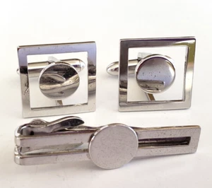 Vintage Geometric Silver Tone Cufflinks & Tie Bar Clasp Set - Picture 1 of 4