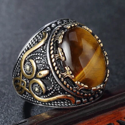 Men Retro Large Tiger Eye Stone Ring Vintage Oval Stainless Steel Gothic Pattern - Image 1 of 4