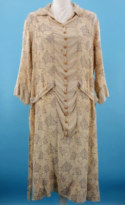 VTG Women's 20s Cream & Gray Printed Silk? Drop Waist Shift Dress Sz M/L 1920s - Image 1 of 4