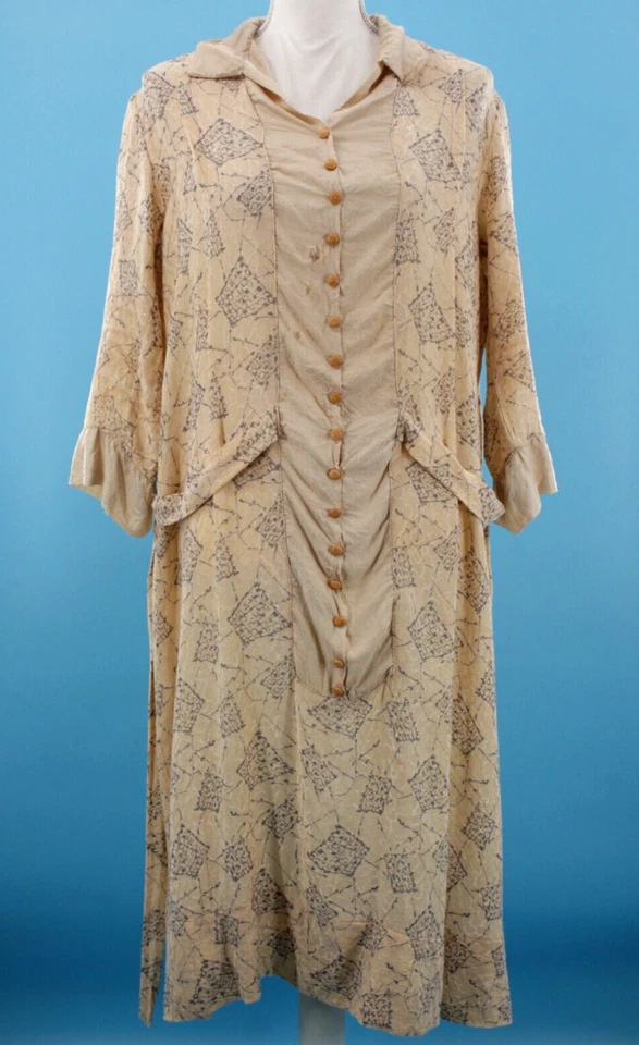 VTG Women's 20s Cream & Gray Printed Silk? Drop Waist Shift Dress Sz M/L 1920s - Image 1 of 4