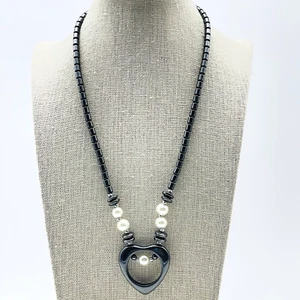 Beaded Heart Necklace Hematite Faux Pearl Accents Retro Mod Statement - Picture 1 of 6