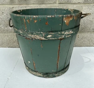 Antique Wood Firkin Sugar Sap Bucket Rope Handle Water Pail Original Green Paint - Picture 1 of 9