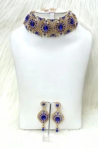 Blue & Gold Costume Choker Fashion Party Wedding Necklace Earring Jewellery Set - Picture 1 of 5
