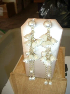 Pearls FLOWERS Long GOLD CHAIN TASSELS Betsey Johnson Pierced EARRINGS-NWT - Picture 1 of 5