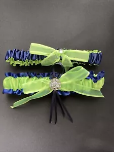 Wedding Bridal Garter Navy And Apple Green , Handmade New - Picture 1 of 5