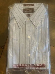Vintage JCPenney Satin Touch Short Sleeve Shirt Size 15 1/2 Blue Striped Button - Picture 1 of 7