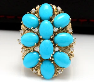 6.80 Carats Natural Turquoise and Diamond 14K Solid Yellow Gold Ring - Picture 1 of 8