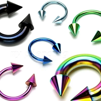 2pcs. Anodized Steel Spike End Horseshoe Circular Barbell Earring Labret Septumz - Image 1 of 4