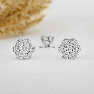 2Ct Round Lab-Created Diamond Flower Cluster Stud Earring 14K White Gold Plated - Picture 1 of 4