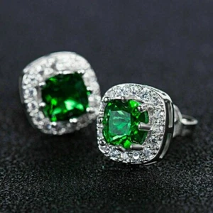 14K White Gold Finish Cushion Cut Green Emerald Simulated Diamond Stud Earrings - Picture 1 of 4