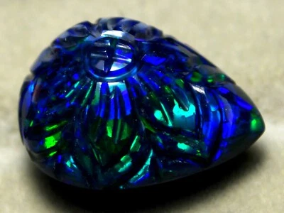 CERTIFIED Natural Black Smoked Ethiopian Opal Flower Carving Fire Stone 16.40 Ct - Image 1 of 4