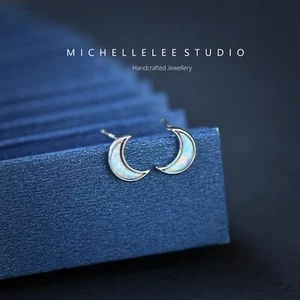 White Opal Moon Stud Earrings, Tiny Crescent Moon Stud Earrings - Picture 1 of 7
