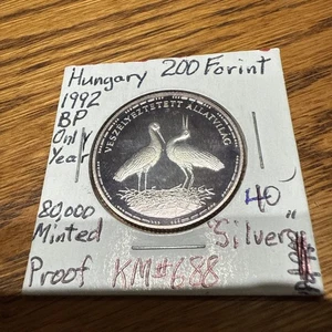 HUNGARY / SILVER 200 FORINT / BIRDS - STORK / 1992 Proof - Picture 1 of 3