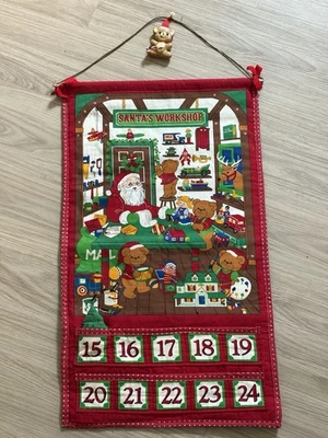 Vintage Beary Merry Christmas Santa's Workshop Fabric Advent Calendar Hanging 3D - Image 1 of 4