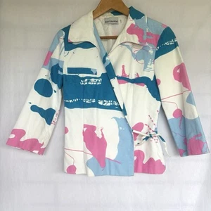 Marimekko Vintage Jacket Size 38 / Small Cotton Waist Tie Bright Print Pink Blue - Picture 1 of 8