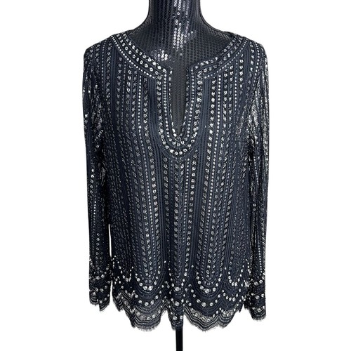 Camicetta Michael Kors donna grande nera argento strass top pizzo manica lunga