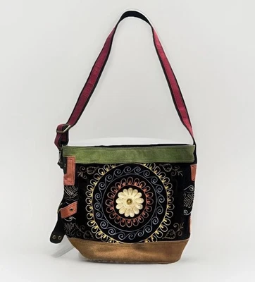 Bolso Bandolera Lucky Brand Vintage Bordado Flor Boho Bucket Cuero de Vaca Foto 1 de 4
