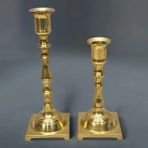 2 Vintage Solid Brass 8" 6" Candlesticks Candle Holders Pair Set Square Base MCM - Picture 1 of 10