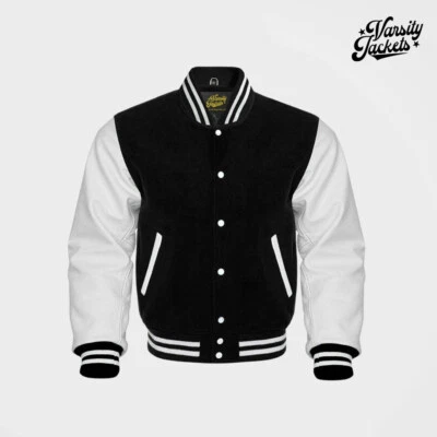 Black Wool body White Sleeves Premium Varsity Jacket Letterman Baseball College - Image 1 of 4