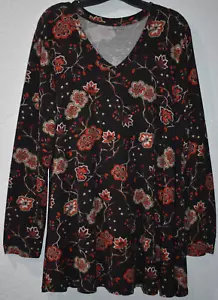 Lane Bryant 18/20 Stretch Top V-neck Long Sleeve Pullover Black/Red Floral Shirt - Picture 1 of 14