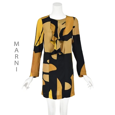 MARNI Black & Butterscotch Colored Silk Mini Dress with Attached Jabot SZ 6/8 M - Image 1 of 4