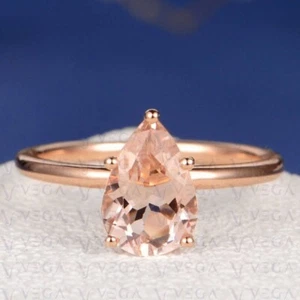 3.0Ct Pear Cut Natural Morganite Solitaire 100% 14k SOLID Rose Gold Wedding Ring - Picture 1 of 14