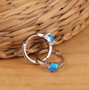 925 Sterling Silver Teardrop Blue Opal Huggie Hoop 18mm Diam. Earrings Boxed - Picture 1 of 6