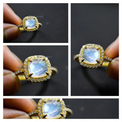 Anillo de boda cojín de diamantes de piedra lunar en oro amarillo macizo de 18 k joyas para mujer Foto 1 de 2