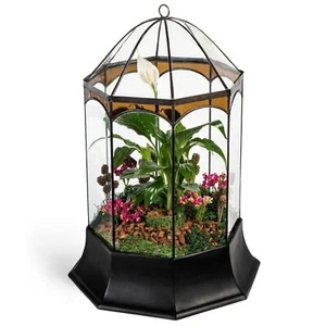 H Potter Large Eight Side Terrarium Wardian Case Curved Glass Brown Accent - Picture 1 of 11